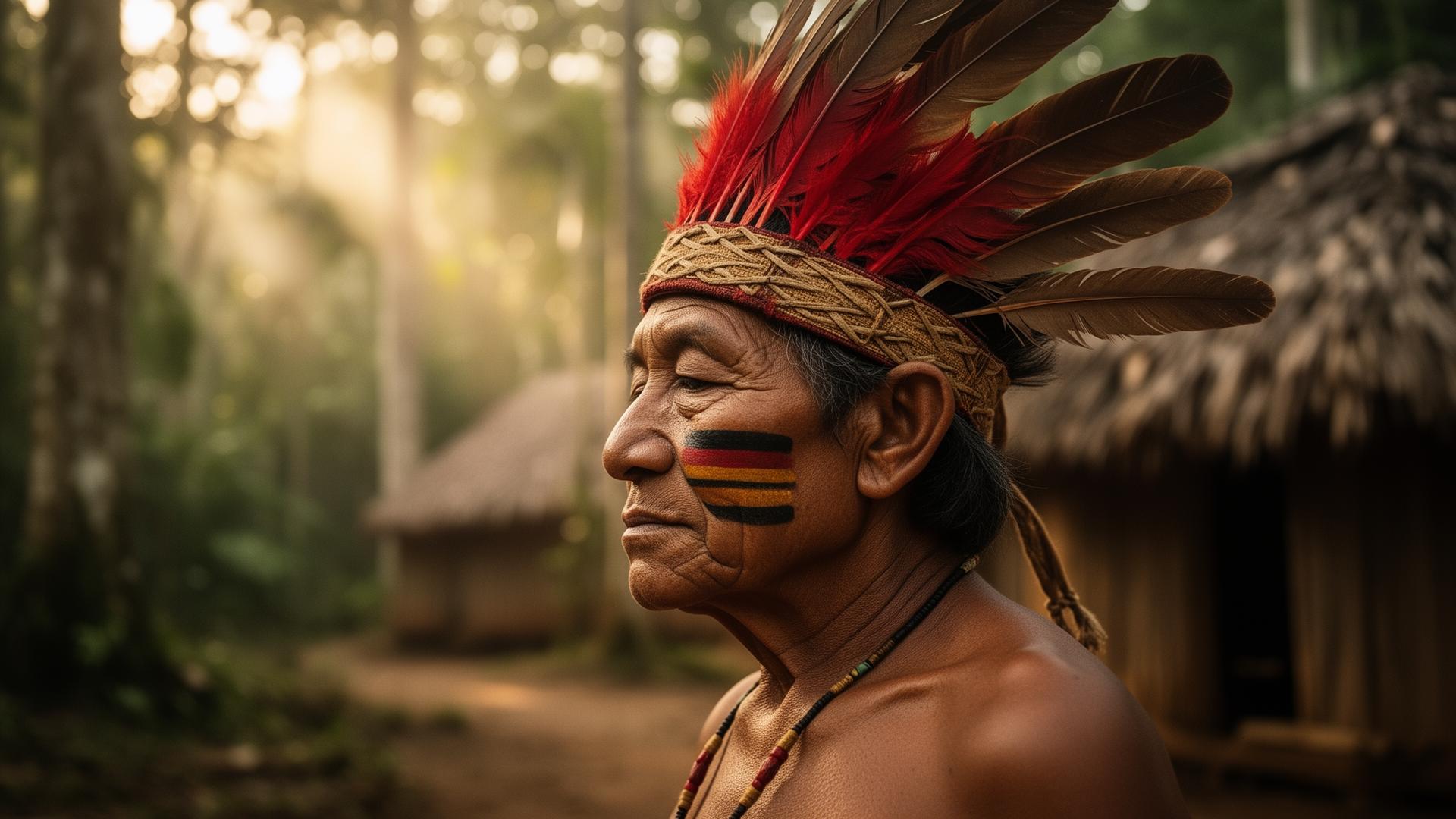 Indigenous elder in an Amazonian village at dawn