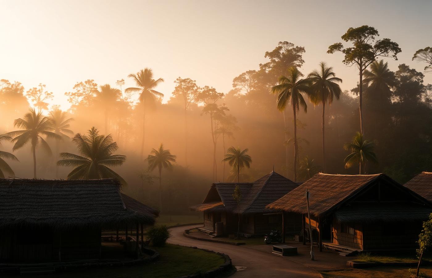Village in the forest at dawn